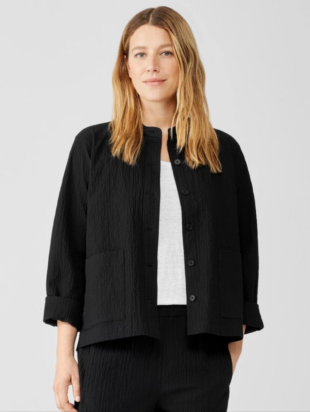 Eileen Fisher Organic Cotton Pucker Mandarin Collar Jacket Size XL Women's